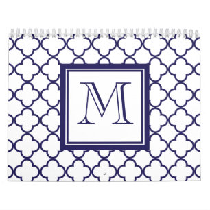 Marinblått vit Quatrefoil din Monogram Kalender