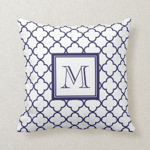 Marinblått vit Quatrefoil din Monogram Kudde