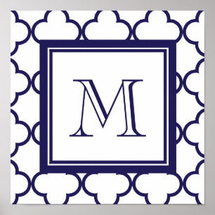 Marinblått vit Quatrefoil   din Monogram Poster