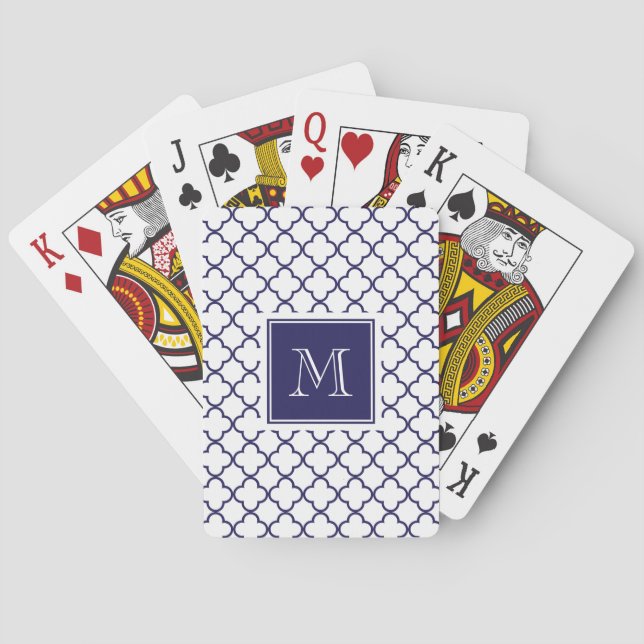 Marinblått vit Quatrefoil | din Monogram Spel Kort (Baksidan)