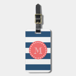 Marinblått vitrandmönster, korallMonogram Bagagebricka