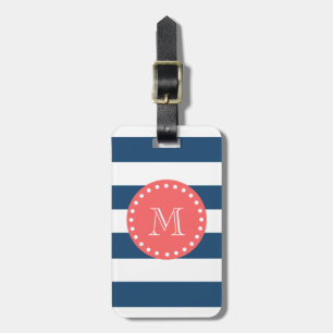 Marinblått vitrandmönster, korallMonogram Bagagebricka