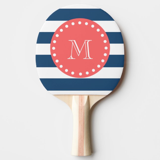 Marinblått vitrandmönster, korallMonogram Pingisracket (Framsidan)