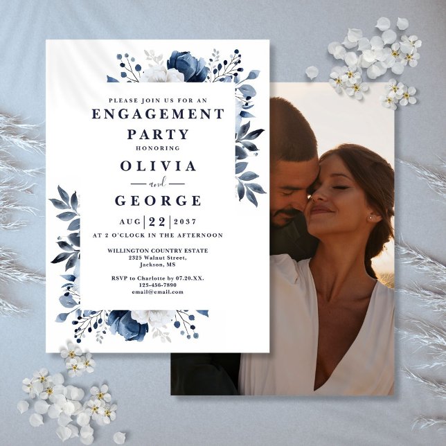 Marinblomma engagemangsfest foto inbjudningar (Navy Blue Country Floral Engagement Party Photo Invitation)