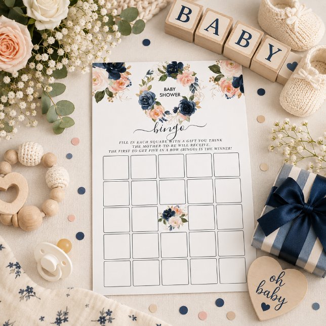 Marinblommig Baby Shower Bingo Spelkort (Navy floral baby shower bingo game card featuring elegant blue watercolor florals)