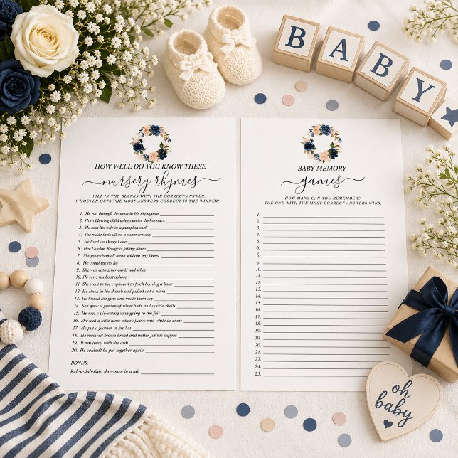 Marinblommig Bebisdusch Dubbelsidigt Spel (Double sided baby shower games.)