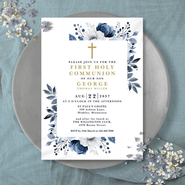 Marinblommig botanisk första kommunion inbjudningar (Navy Blue Floral Botanical First Holy Communion Invitation)