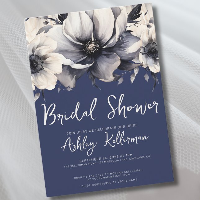 Marinblommig bröllopsdusch inbjudningar (Watercolor Floral Navy Blue Bridal Shower Party Invitation)