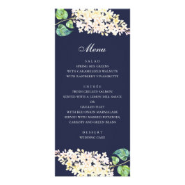 Marinblommig bröllopsmiddag. Menu med vita blommor Reklamkort