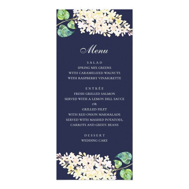 Marinblommig bröllopsmiddag. Menu med vita blommor Reklamkort (Framsidan)
