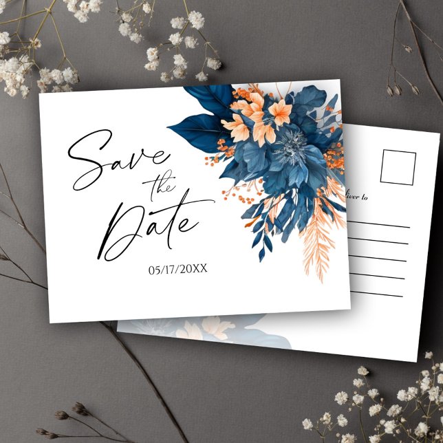 Marinblommig elegant bröllop Spara datumet Meddelande Vykort (Navy Blue Floral Elegant Wedding Save The Date Announcement Postcard)