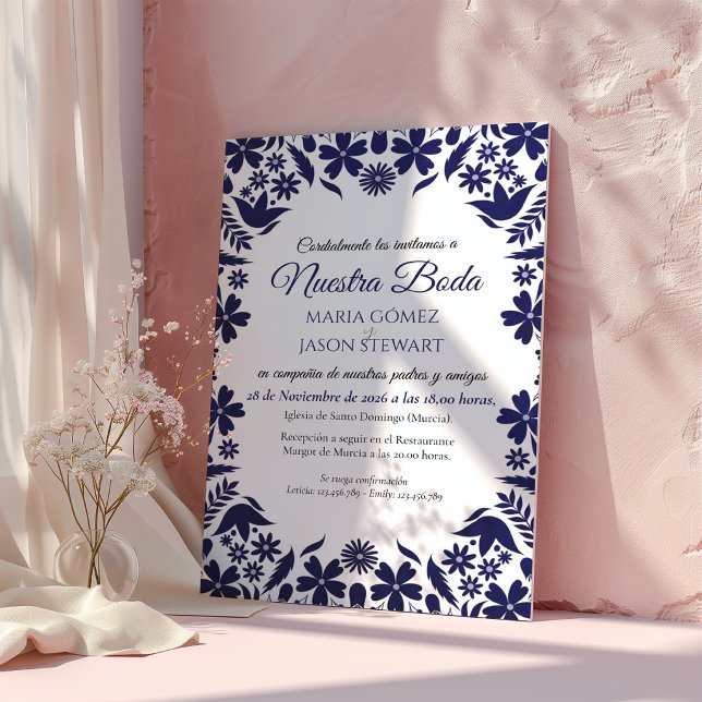 Marinblommig Klassisk Estetisk Spansk Bröllopsfest Inbjudningar (Navy Blue Floral Classic Aesthetic Spanish Wedding Invitation)