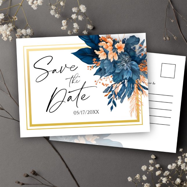 Marinblommig modern bröllopsinbjudan Save The Date Meddelande Vykort (Navy Blue Modern Floral Wedding Save The Date Announcement Postcard)