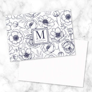 Marinblommig monogram anteckningskort