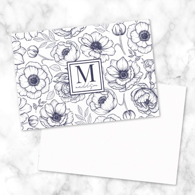 Marinblommig monogram anteckningskort (Navy Blue Floral Monogram Note Card)
