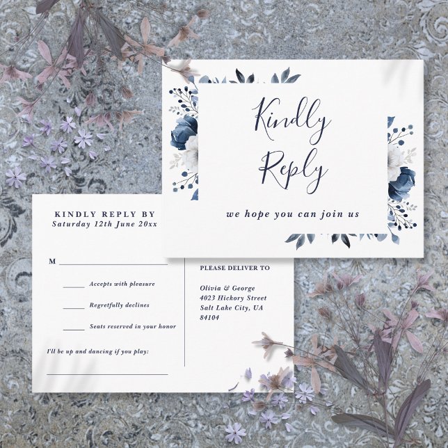 Marinblommig sångförfrågan RSVP vykort (Navy Blue Floral Song Request RSVP Postcard)