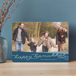 Marine Blue Geo Script Hanukkah Photo Julkort