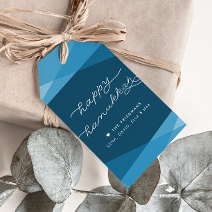 Marine Blue Geo Script Hanukkah Presentetikett