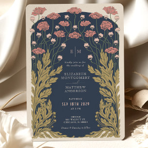 Marine Blue Rosa Vintage Art nouveau Blommigt Inbjudningar