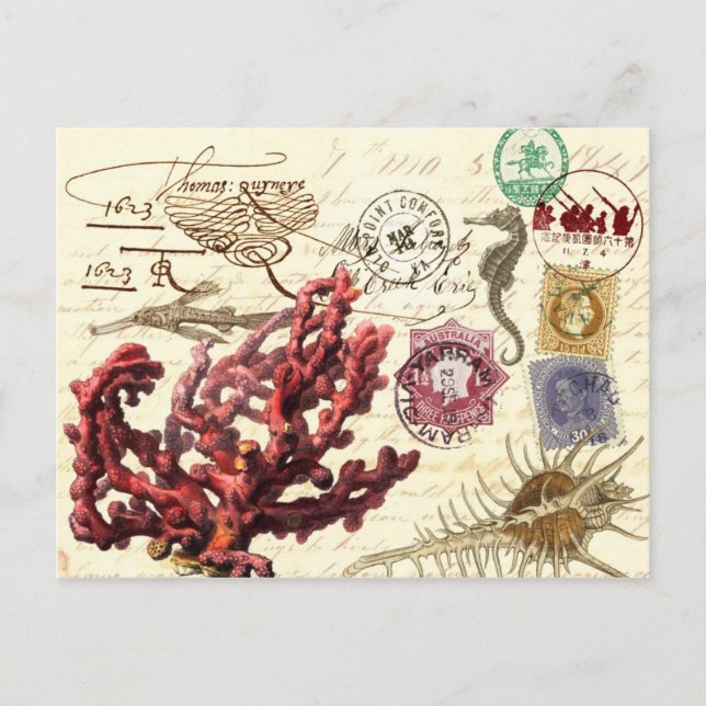 Marine Life Collage with Postmarks and Frimärke Vykort (Framsida)