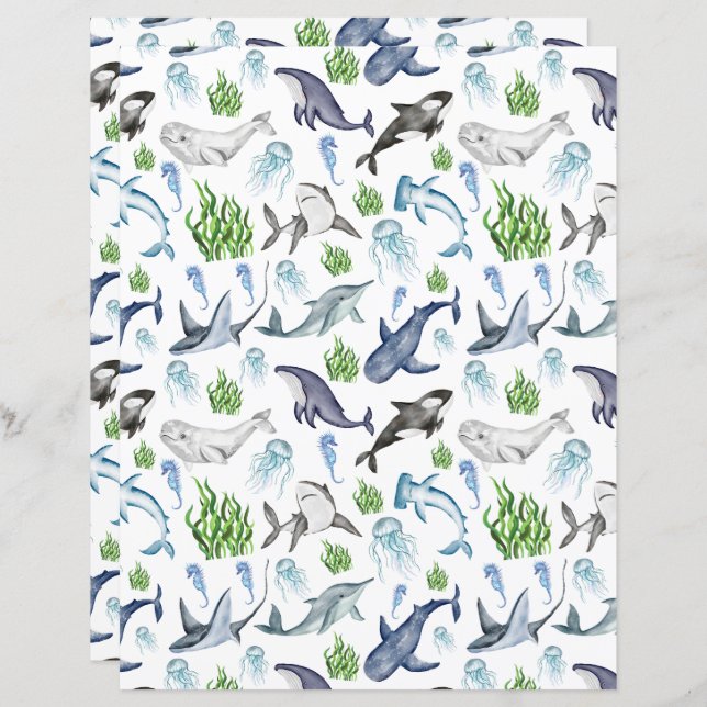 Marine Life Scrapbook Paper (Fram/baksida)