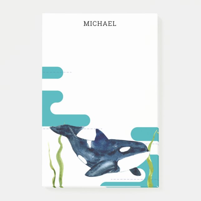 Marine Watercolor Orca Personlig Namn Post-it Block (Framsida)