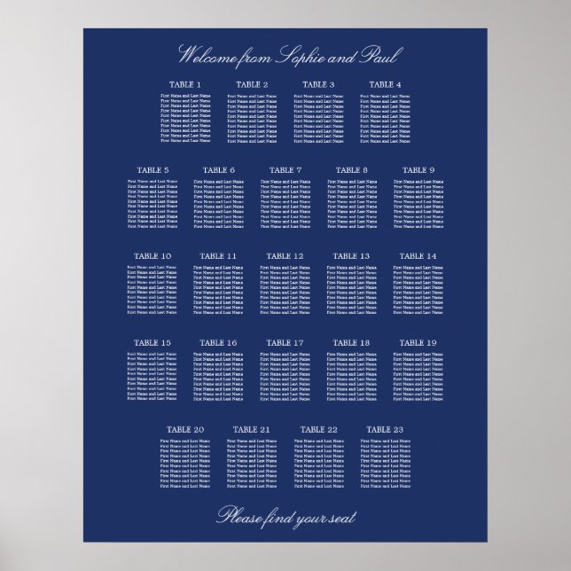 Marineblå 23 Bord Bröllops Sittplaneringsaffisch Poster (Framsidan)