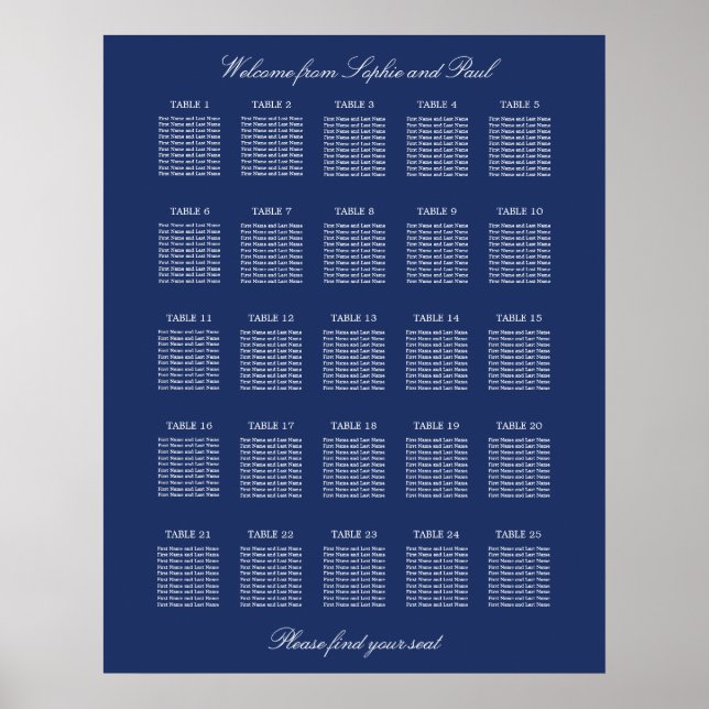 Marineblå 25 Bord Bröllops Sittplaneringsaffisch Poster (Framsidan)