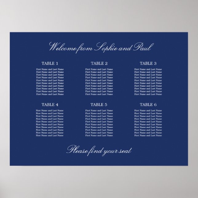 Marineblå 6 stols Bordshöjds Bröllops Sittplanerin Poster (Framsidan)