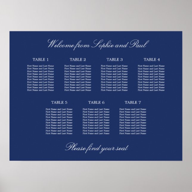 Marineblå 7 Bord Bröllops Sittplaneringsaffisch Poster (Framsidan)