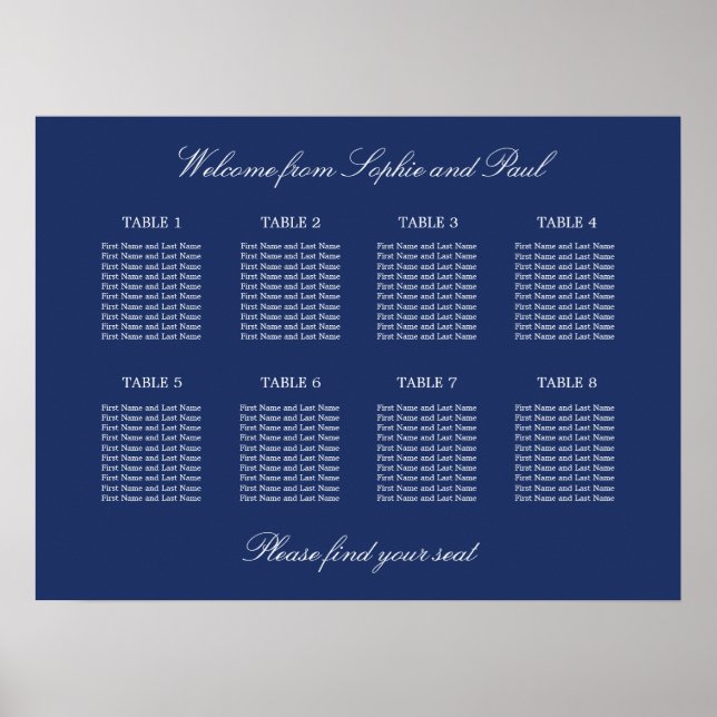 Marineblå 8 bord Wedding Seating Chart Affisch (Framsidan)