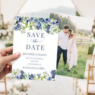Marineblå Blåbärsblommig Save The Date Foto Inbjudningar