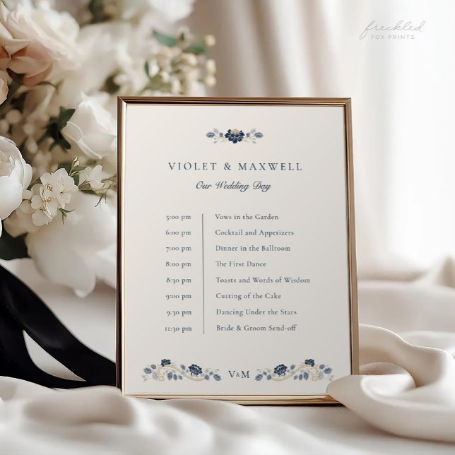 Marineblå Blommig Bröllopstidslinje Skylt (Navy blue floral Art Nouveau Wedding Timeline sign)