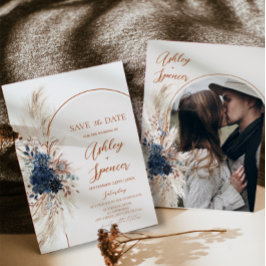 Marineblå Boho Pampas Save The Date-kort