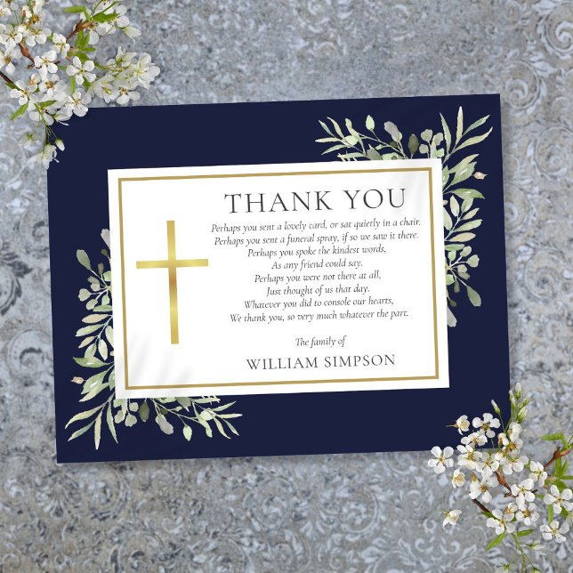 Marineblå Grönska Kristet Begravningsdikt Tack Kort (Navy Blue Greenery Christian Funeral Poem Thank You Card)