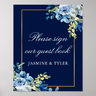 Marineblå Guld Blommig Bröllopsgästbok Poster