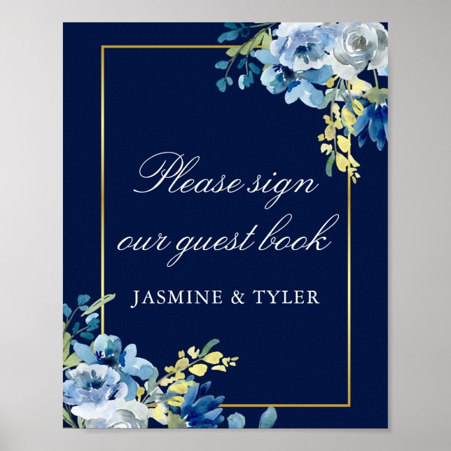Marineblå Guld Blommig Bröllopsgästbok Poster (Framsidan)