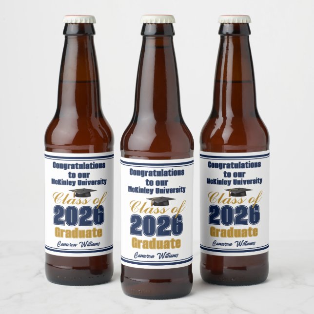 Marineblå Guld Klass 2026 Examenfest Ölflaska Etikett (Flaskor)