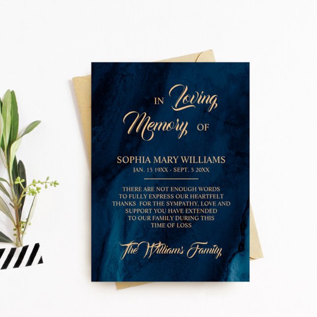 Marineblå & Guld Sympati Minne Tack Kort (Skapare uppladdad)