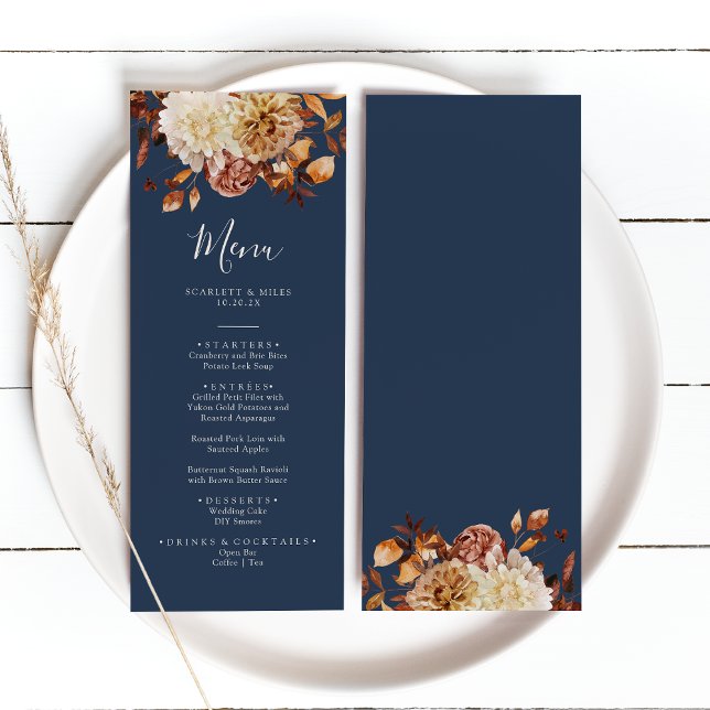Marineblå Höstbröllop Meny (Navy Blue Autumn Floral Wedding Menu by Painted Paperie
)