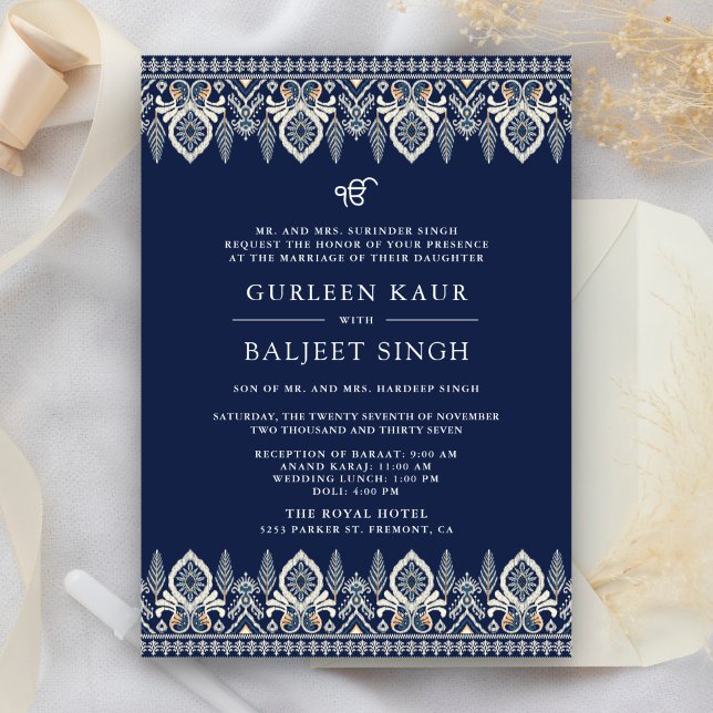 Marineblå Ikat Anand Karaj Sikh Bröllopsinbjudan Inbjudningar (Skapare uppladdad)