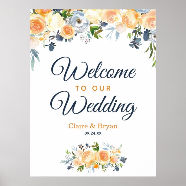 Marineblå Korall Vattenfärg Blommig Bröllop Välkom Poster (Framsidan)