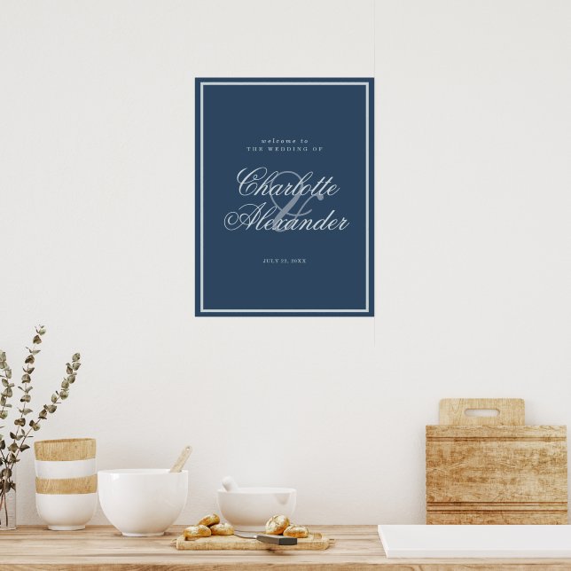 Marineblå Kustbröllop Elegant Välkomstskylt Poster (Kök)