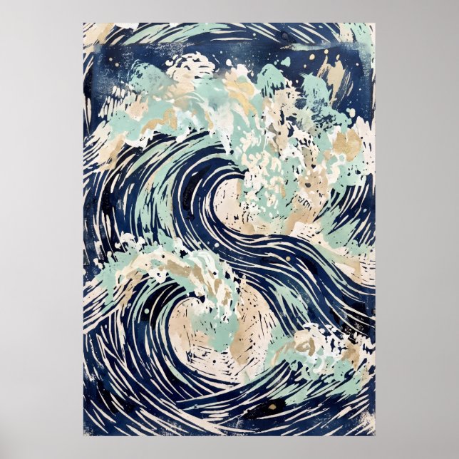 Marineblå Ocean Wave Affisch (Framsidan)