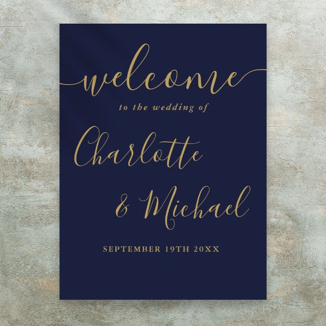 Marineblå och guldskrift Bröllop Välkomstskylt Poster (Navy Blue And Gold Script Wedding Welcome Sign)