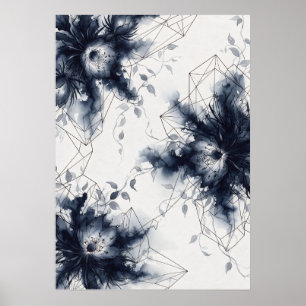 Marineblå Pion Geometrisk Blommig Affisch