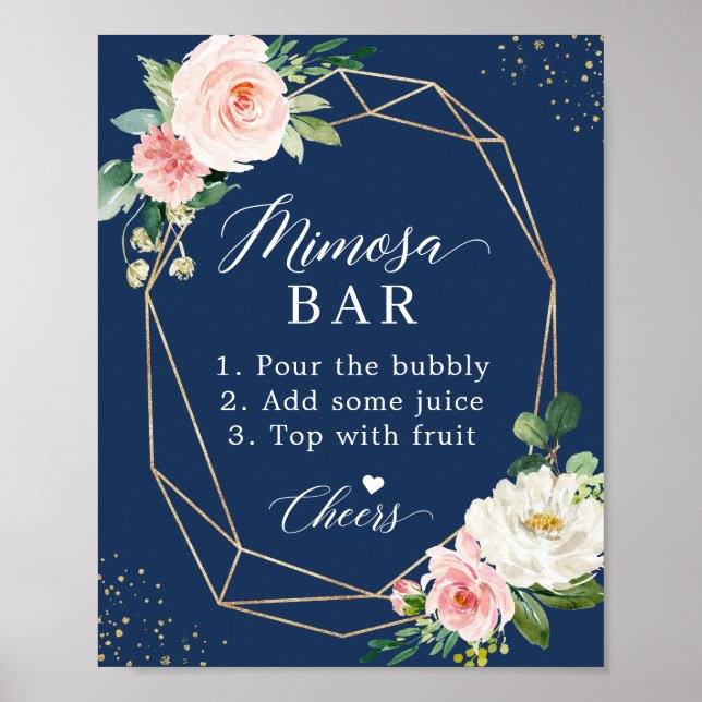 Marineblå Rosa Bröllopsdusch Mimosa Bar Skylt (Framsidan)