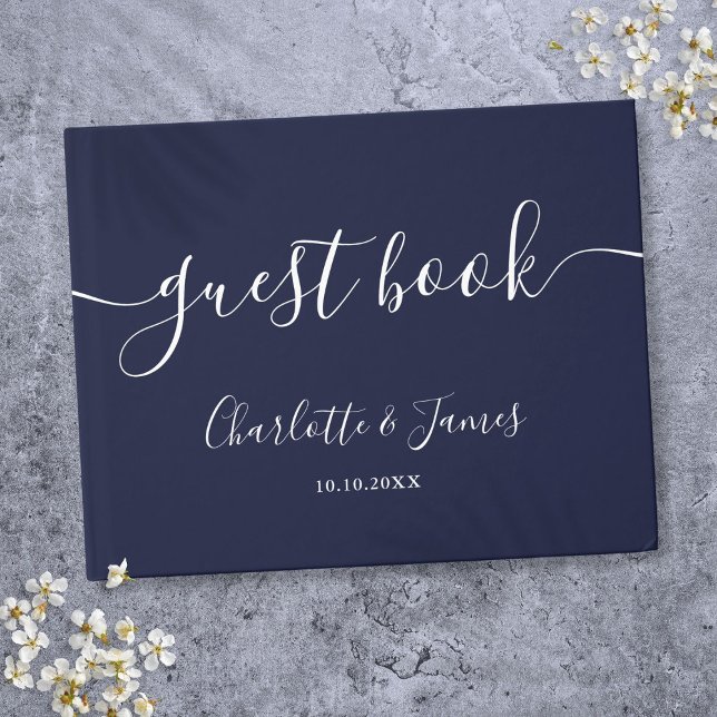 Marineblå signaturskript bröllop gästböcker (Navy Blue Signature Script Wedding Guest Book)