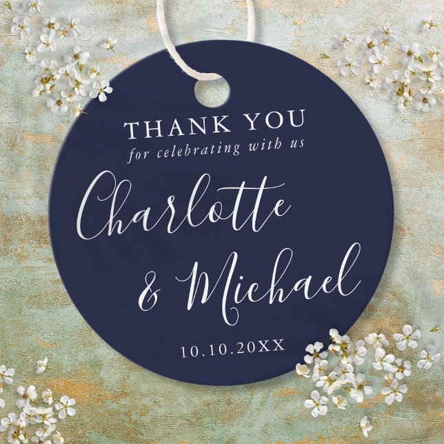 Marineblå signaturskript Bröllop tack  Gåvor Etiketter (Navy Blue Signature Script Wedding Thank You Favor Tags)