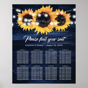 Marineblå Trä Solros Bröllops Sittplatskarta 8 Poster